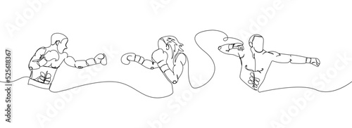 Boxers in fight set one line art. Continuous line drawing protective mask, protection, boxing gloves, hit, woman boxing, fight, athletes, battle, girl, power, sport, boxing ring.