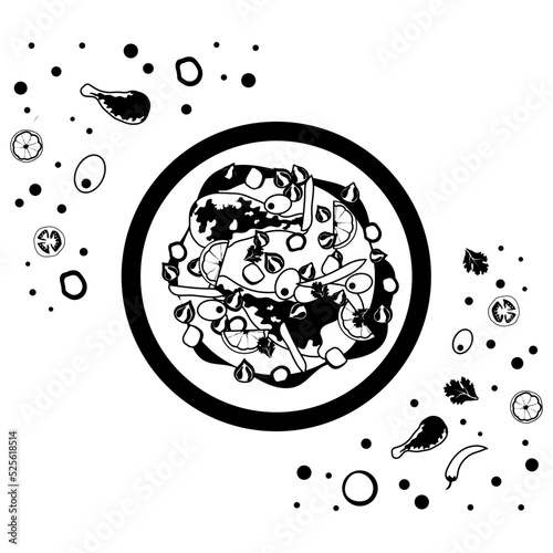 Chicken Tajine on Platter concept, Tagine potter vector icon design, National Dish of Algeria Sign,Traditional cuisine Symbol on White Background, Gourmet food cooking menu item with ingredients