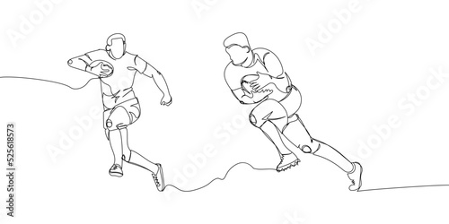 Rugby players with ball  forward set one line art. Continuous line drawing American football  game  sport  soccer ball  activity  training  running  competition  cleats.