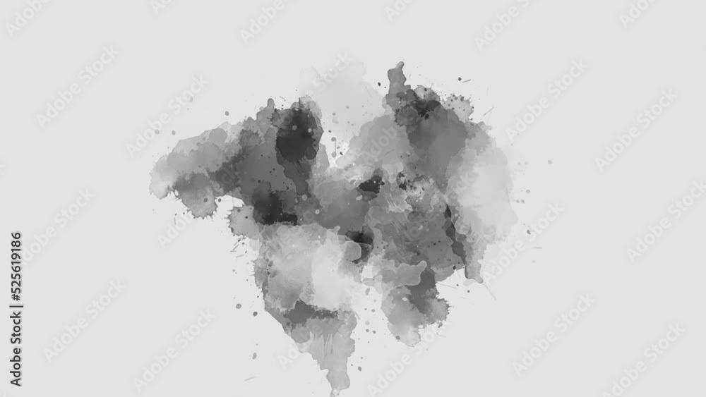A black ink spot appears on a gray background. ink splatter compositing, watercolor transition, ink wet brush stroke, fluid art background, overlay, alpha matte composition.