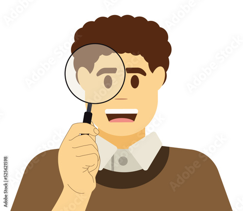 Man Holding Magnifying Glass and Looking through it at Question points. Concept of Frequently Asked Questions, Query, Investigation, search for Information. Flat Cartoon Vector Illustration.