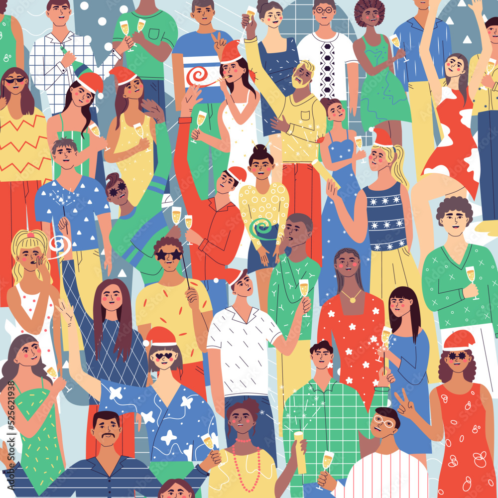Celebrating Christmas and New Year party together. Positive, glad ladies and guys with champagne glasses and bengal lights. Group of beautiful young people in Santa hats. Flat vector illustration Celebrating Christmas and New Year party together. Positive, glad ladies and guys with champagne glasses and bengal lights. Group of beautiful young people in Santa hats. Flat vector illustration