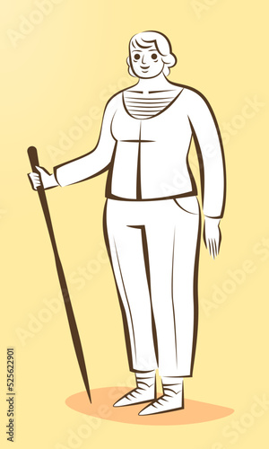 Femme âgée avec un bâton de marche, excursion de randonnée dans la nature, promenade de santé, balade en campagne, activité de loisir pour les seniors, illustration simple avec des traits