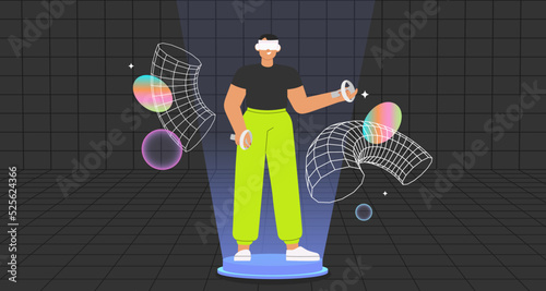 Metaverse entertainment. Flat vector illustration with male character wearing virtual reality glasses and VR headsets, interacting and  creating a virtual world. Concept of future innovations.