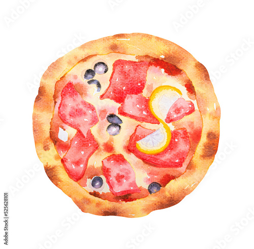 Pizza with tuna slice. Hand drawn watercolor.