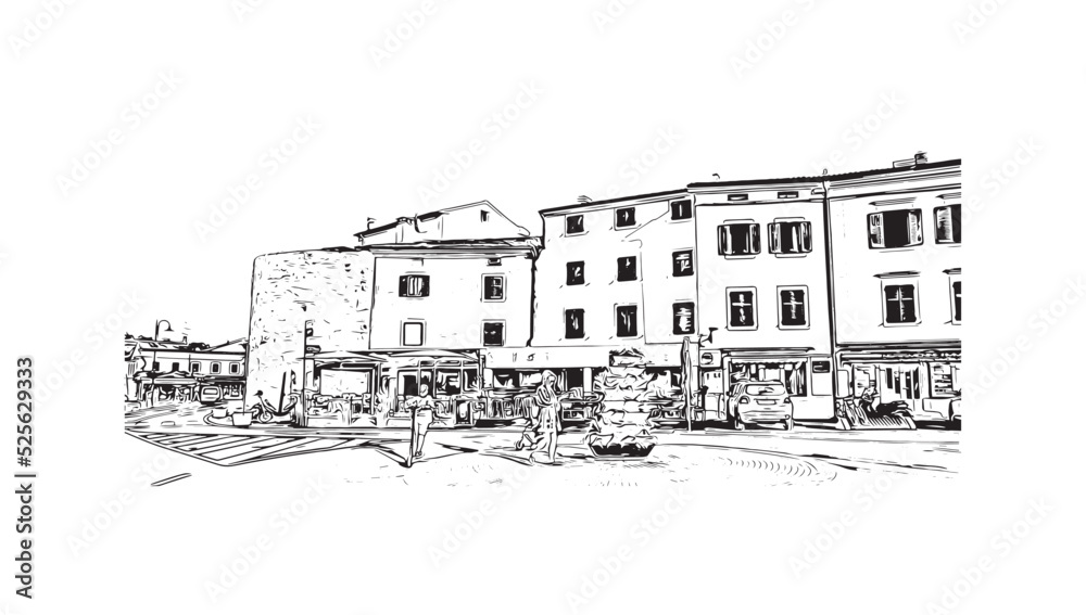 Building view with landmark of Novigrad is a free city within Redania. Hand drawn sketch illustration in vector.