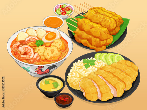 Laksa singapore noodles food menu close up illustration vector. Thai Pork satay with spices and peanut sauce recipe. Asian food hainanese chicken rice on black plate.
Famous singapore foods set.