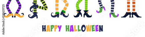 Happy Halloween funny background or banner with witches. Their feet set in different poses, vector illustration. Collection of hag’s legs, boots. Witch shoes and pants. Isolated on white background