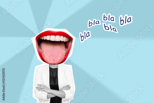Fotografija Young business woman headed by wide open mouth shows tongue with text bla bla on blue color background