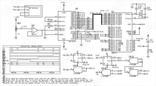 Vector electrical schematic diagram. Design demonstrates the use of an 80c51 to control an AD1674 ADC.