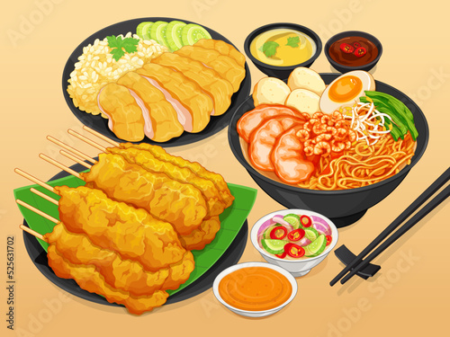 Thai Pork satay with spices and peanut sauce recipe. Asian prawn noodle soup. Penang hokkien mee recipe. Chinese hainan chicken rice recipe illustration vector. Famous singapore foods set.