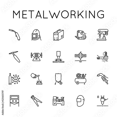 Metalworking Icon Set. Welding, Sharpening, Grinding, Drilling, Cutting, Sandblasting, Grooving, Cleaning, Plasma, Laser, Grinder, Hydro, Compressor, Gas, Machine Tool, Turning Works.