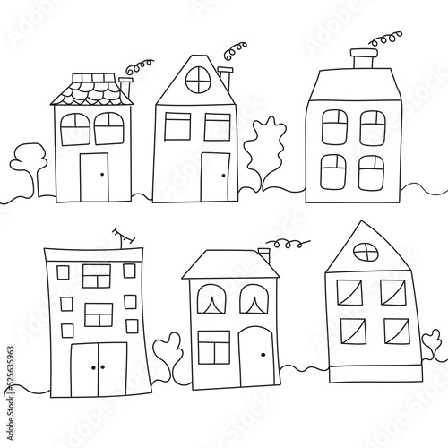 Set of houses in style of doodles on white background. Vector isolated image for web design or clipart