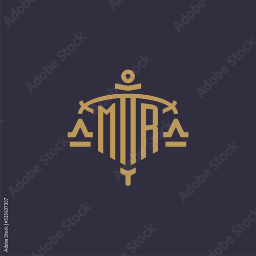 Monogram MR logo for legal firm with geometric scale and sword style