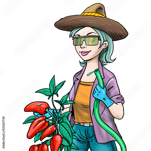 Gardener woman, cartoon character in uniform on white background.