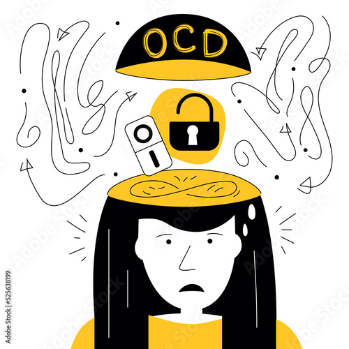OCD symptoms, the girl has fear and intrusive thoughts for lock, ON or OFF. Obsessive compulsive disorder vector illustration concept with neurosis discomfort, panic attack.