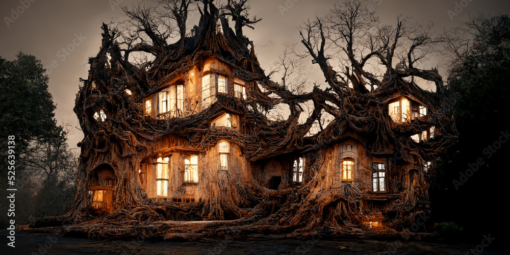 Abadoned haunted horror house in dead trees
