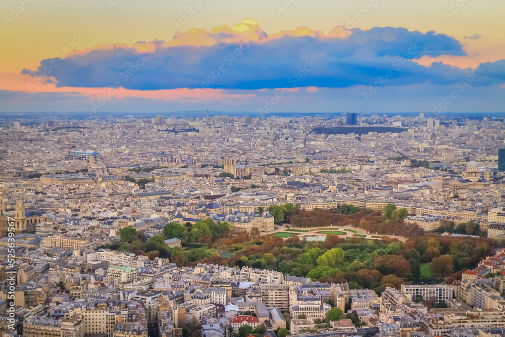 Luxembourg gardens from above Montparnasse at sunset , Paris, France