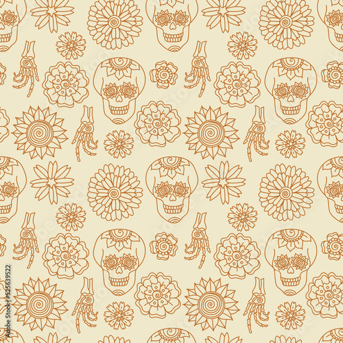 Flowers and Bones seamless pattern. Boho Halloween vector illustration. Skull and hands skeleton.