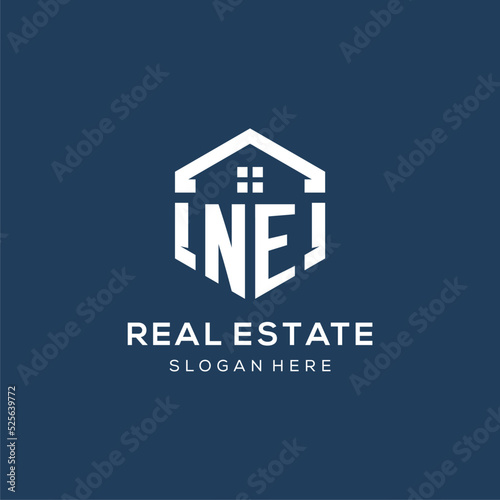 Letter NE logo for real estate with hexagon style