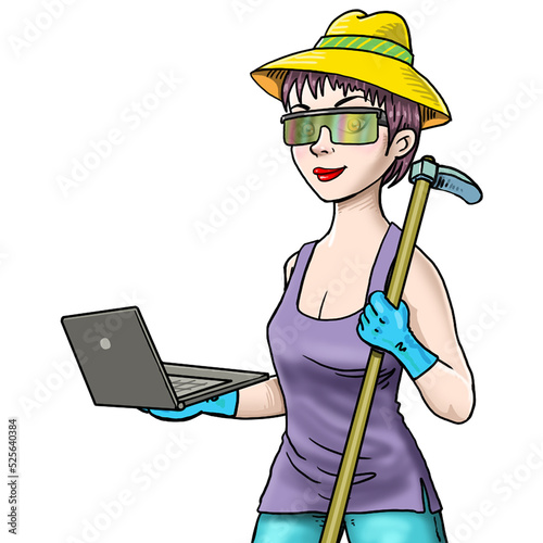 Gardener woman, cartoon character in uniform on white background.