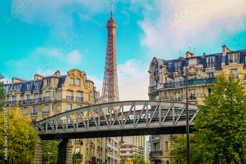 Eiffel tower view from railtrack metro at sunny day, Paris, France