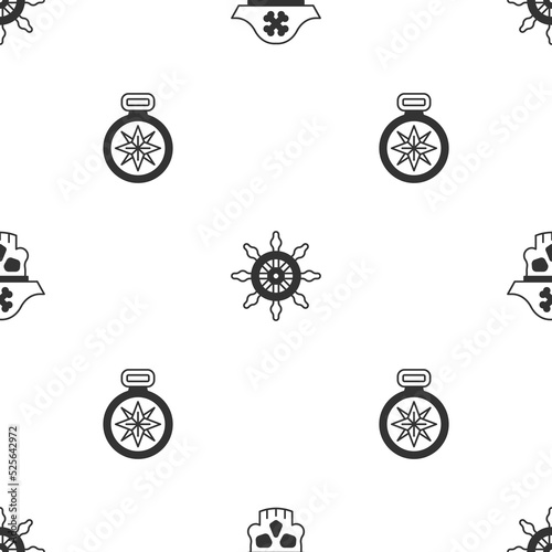 Set Pirate captain, Ship steering wheel and Compass on seamless pattern. Vector photo