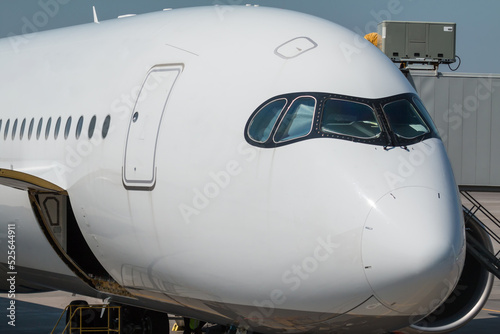 Close-up of the front of the white wide body passenger aircraft at the jetway