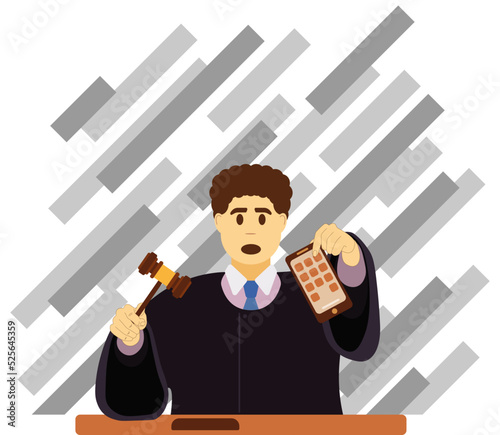 Judge against the background of a brick wall holds material evidence in his hands form a phone. Court Worker Stand for Justice and Law. Judge in black robe delivering sentence. Vector Illustration.