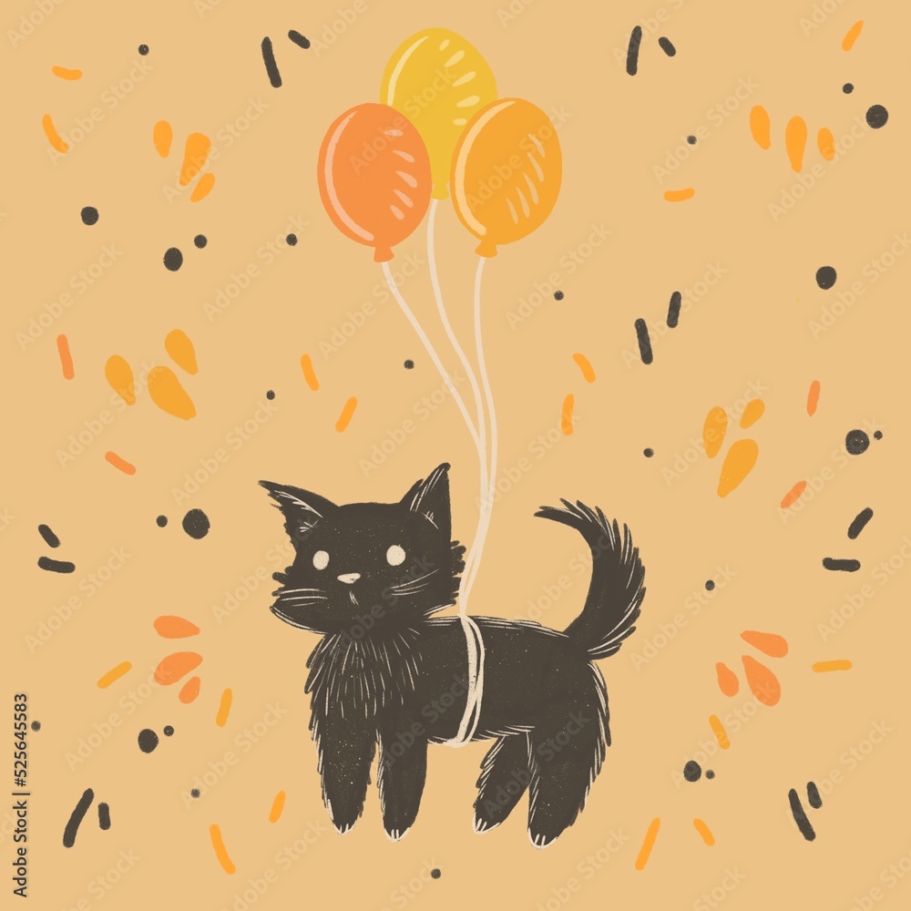 cute fox climbing on balloons, flat vintage illustration poster