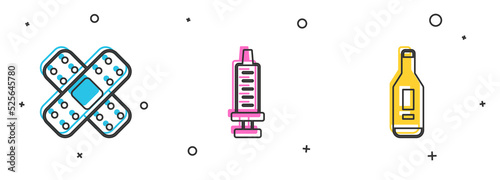 Set Crossed bandage plaster, Syringe and Digital thermometer icon. Vector