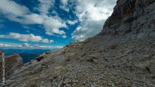 climbing the via ferrata "via delle bocchette" mountain sign in the brenta Dolomites in Italy
