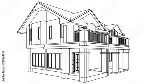 Wireframe of house. 3D wireframe. 3D House Perspective.