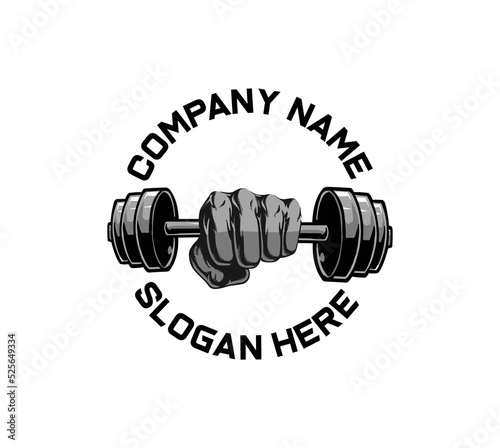 Hand with dumbbell. Gym, fitness, sport Logo. Train hard, lettering.