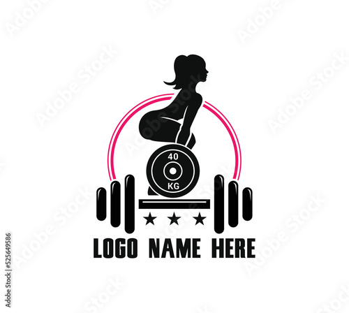 fitness girl with heavy barbell, character, logo.