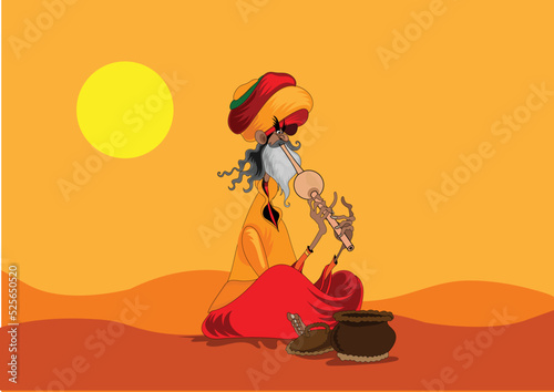 Snake charmer old man playing on a flute cartoon vector