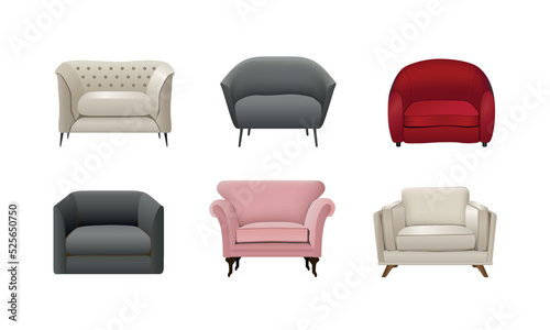Set of realistic chairs. 3d colorful elements for interior on white background. Vector illustration 