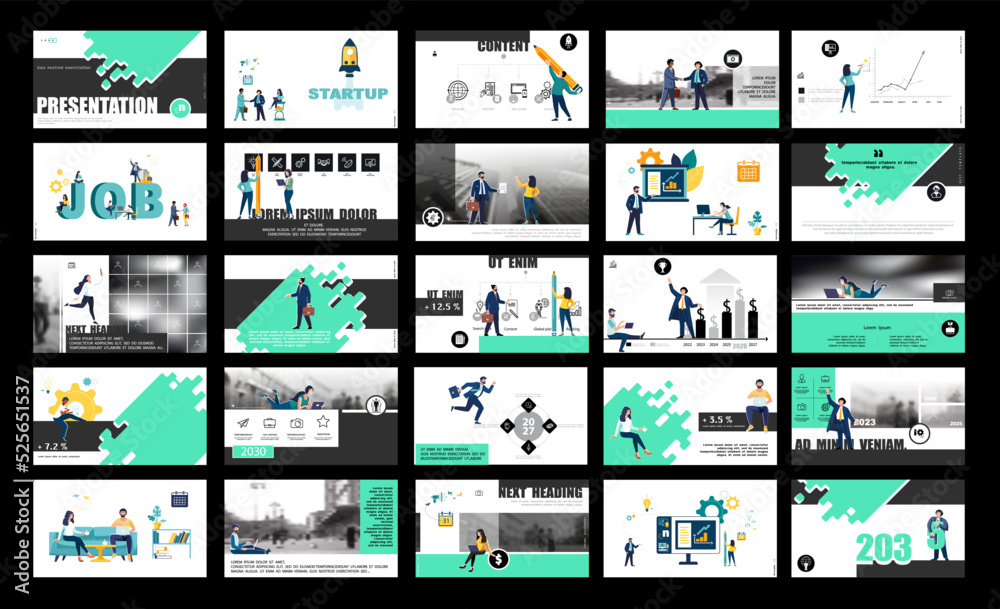 Business presentation, powerpoint, job a new business, financial annual report. Infographic design template, green, black elements, white background, set. A team of people creates business, teamwork Business presentation, powerpoint, job a new business, financial annual report. Infographic design template, green, black elements, white background, set. A team of people creates business, teamwork