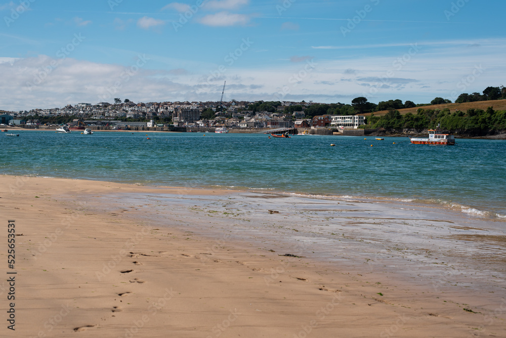 view of the beach padstow town in the background cornwall view of the beach padstow town in the background cornwall