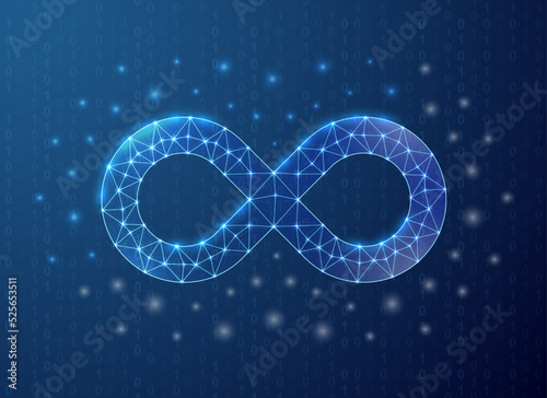 Infinity polygonal symbol with binary code background. Forever concept design vector illustration. Blue Unlimited low poly symbol with connected dots