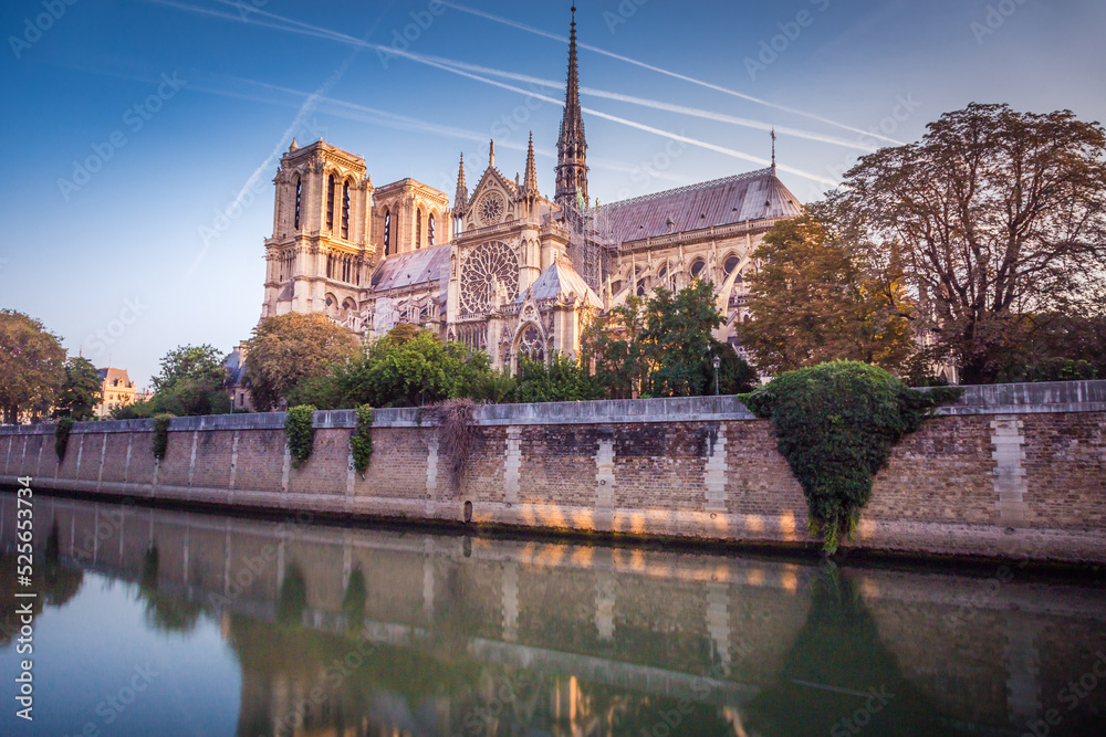 Notre Dame Cathedral of Paris and Seine river at sunny day, France