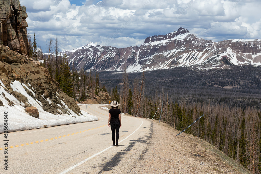 Woman on Scenic Road surrounded by Mountains and Trees. Spring Season. Bald Mountain Pass, Utah. United States. Adventure Travel