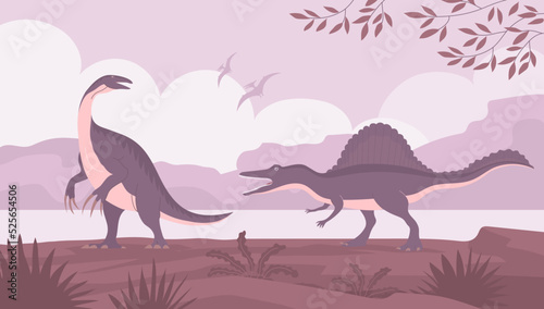 Therizinosaurus with claws vs spinosaurus. Carnivorous lizards. Big pangolin. Ancient dinosaurs of the Jurassic period. Vector cartoon illustration. Prehistoric nature background. Wild landscape