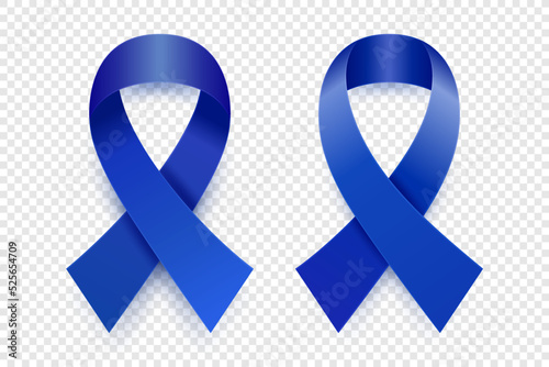 Vector 3d Realistic Dark Blue Ribbon Set. Colon Cancer Awareness Symbol Closeup. Cancer Ribbon Template. World Colon Cancer Day Concept