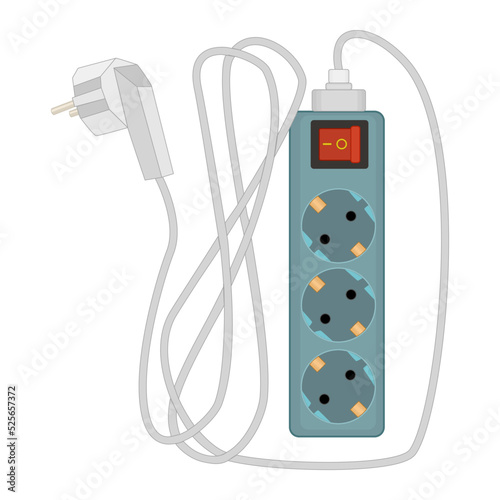 Electric extension cord with safety switch isolated on white background. Standard F type socket. Powerboard with three slots. Power plug socket. Stock vector illustration
