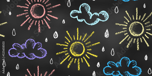 Seamless Pattern of Chalk Drawn Sketches Suns and Clouds on Chalkboard Backdrop. Textural Stylized Grunge Endless Motif.