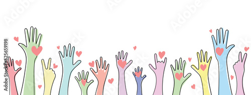 Colorful volunteering raise hands teamwork, heart of volunteer diverse people collaboration, voting, concert. Racial and gender equality. Panoramic vector illustration.