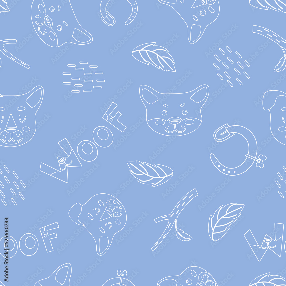 Puppy faces. Dogs, twigs with leaves and lettering on a blue background. Cute childish illustration in a linear style. For nursery and wallpaper, printing on fabric, wrapping