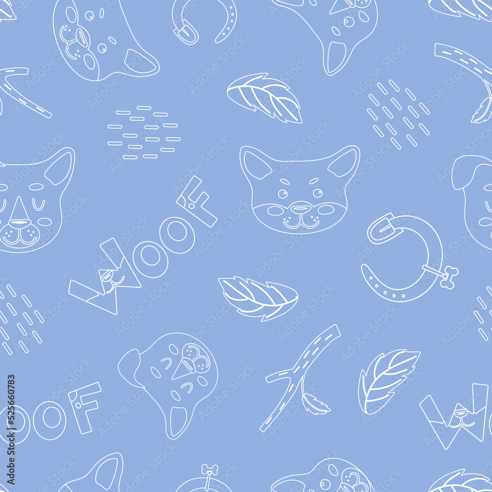 custom made wallpaper toronto digitalPuppy faces. Dogs, twigs with leaves and lettering on a blue background. Cute childish illustration in a linear style. For nursery and wallpaper, printing on fabric, wrapping