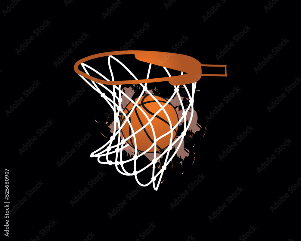 Basketball hoop, basketball net, basketball basket with basketball illustration on black background
